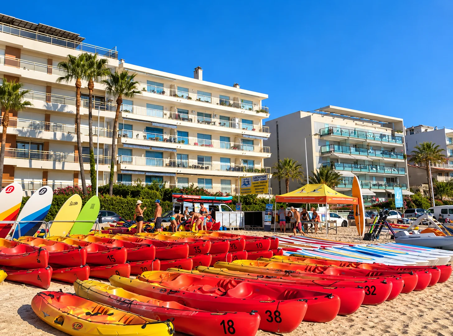 Base nautique et kayaks prêts au départ au Palm Beach à Cannes
